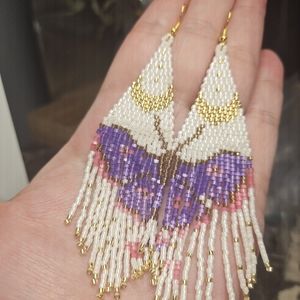 Handmade Purple and Pink Luna Butterfly Beaded Fringe Earrings